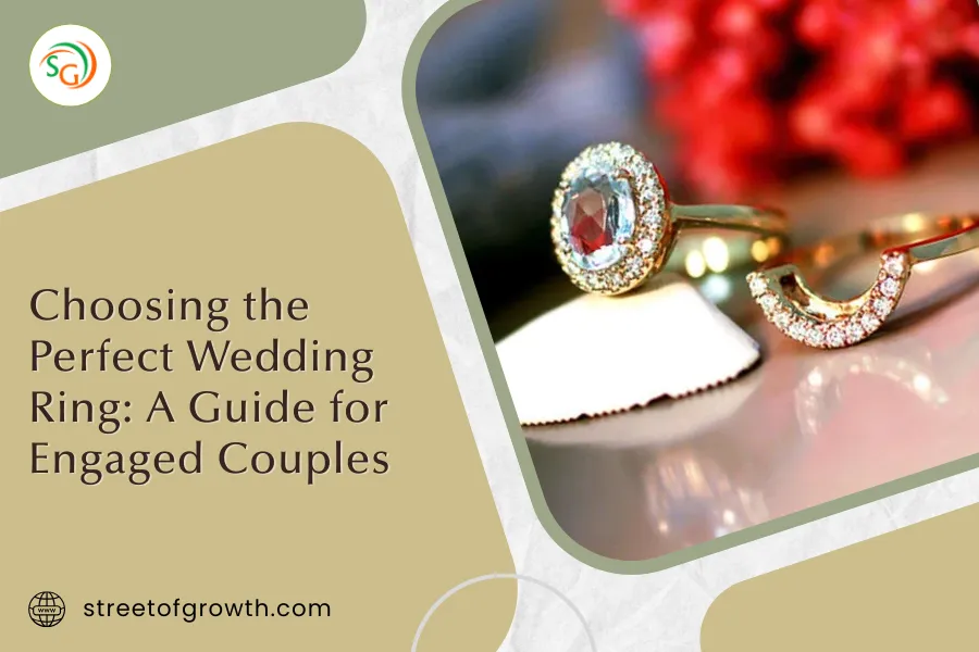 Wedding rings for engaged couples on display, gold bands with diamonds and gemstones, symbolizing commitment, featured in a guide to choosing the perfect wedding ring.