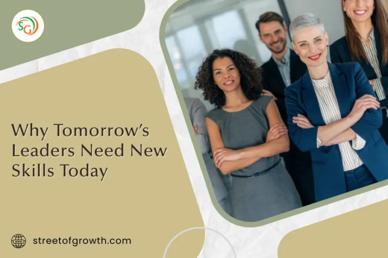 Corporate professionals standing confidently in an office setting, representing the theme "Why Tomorrow’s Leaders Need New Skills Today" for leadership development content.