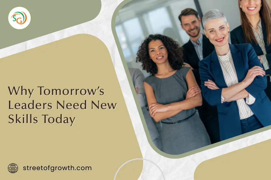 Corporate professionals standing confidently in an office setting, representing the theme "Why Tomorrow’s Leaders Need New Skills Today" for leadership development content.
