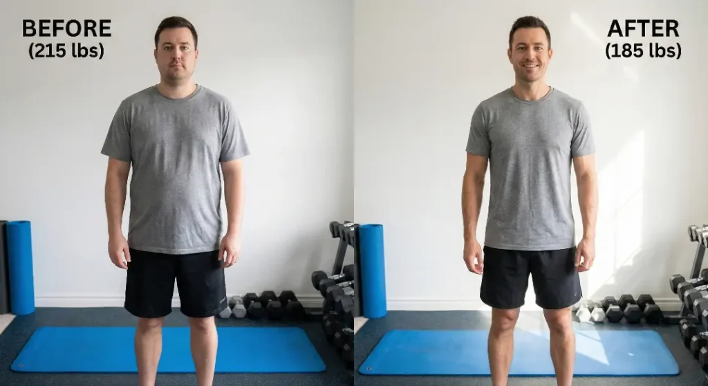 Before and after full-body weight loss comparison of a man, 215 lbs vs 185 lbs