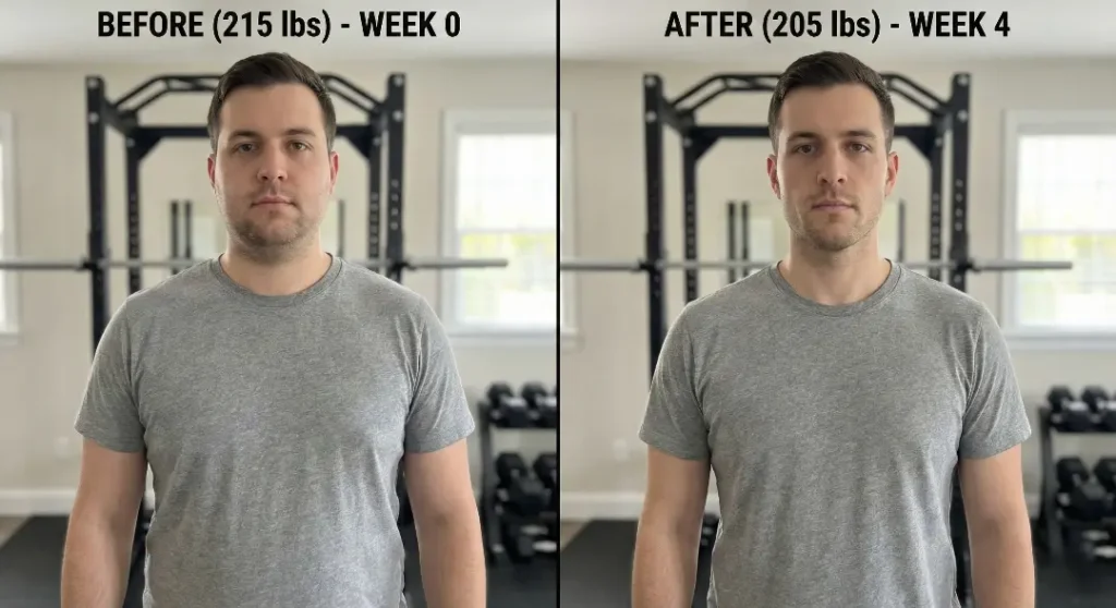 Face comparison photo showing jawline definition changes and weight loss after 4 weeks.