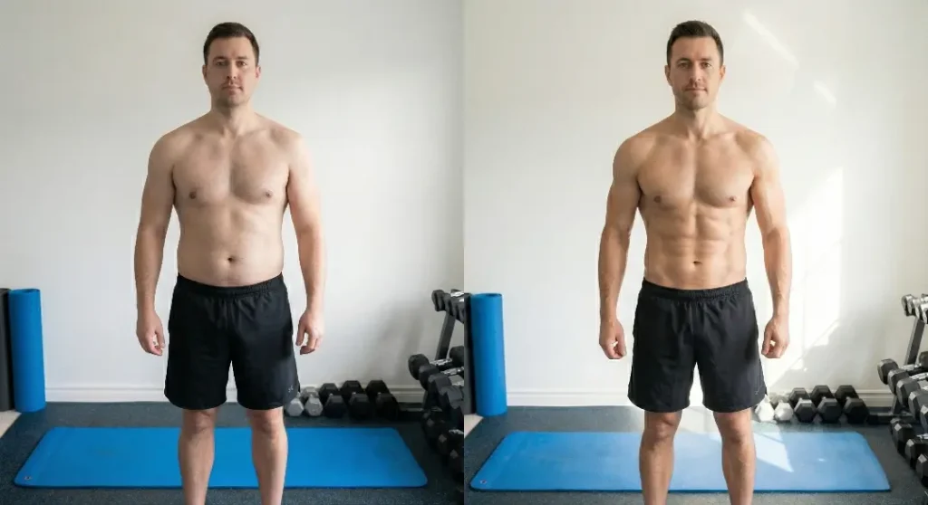 Man with visible abdominal muscles and defined chest standing in a home gym at 192 lbs.
