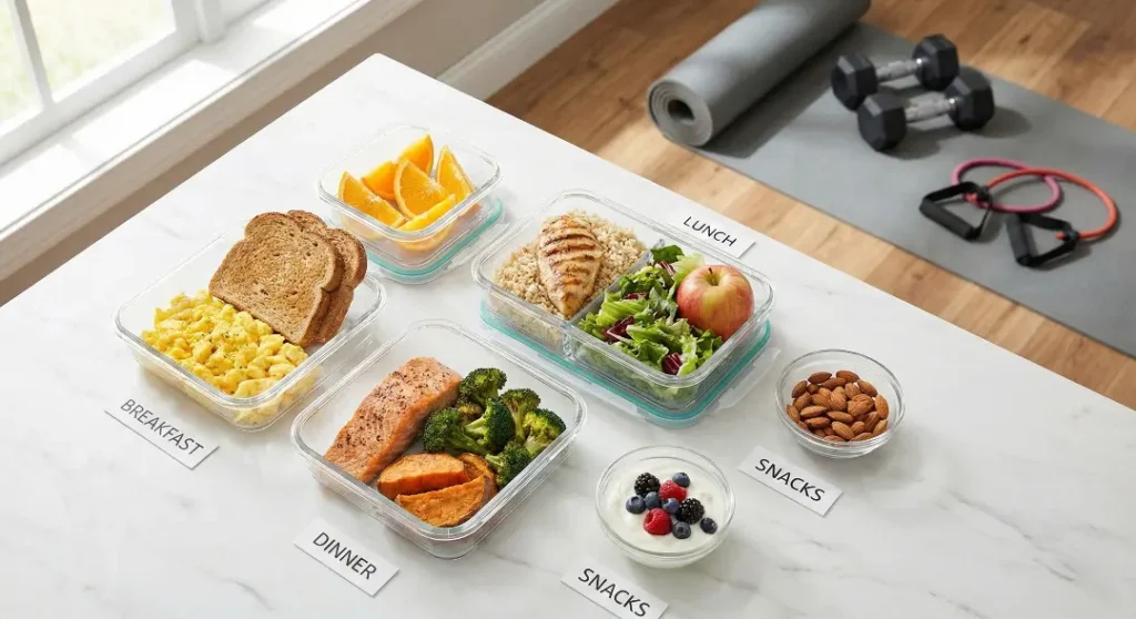 Healthy meal prep layout on a counter with salmon, chicken, eggs, vegetables, and fruit.