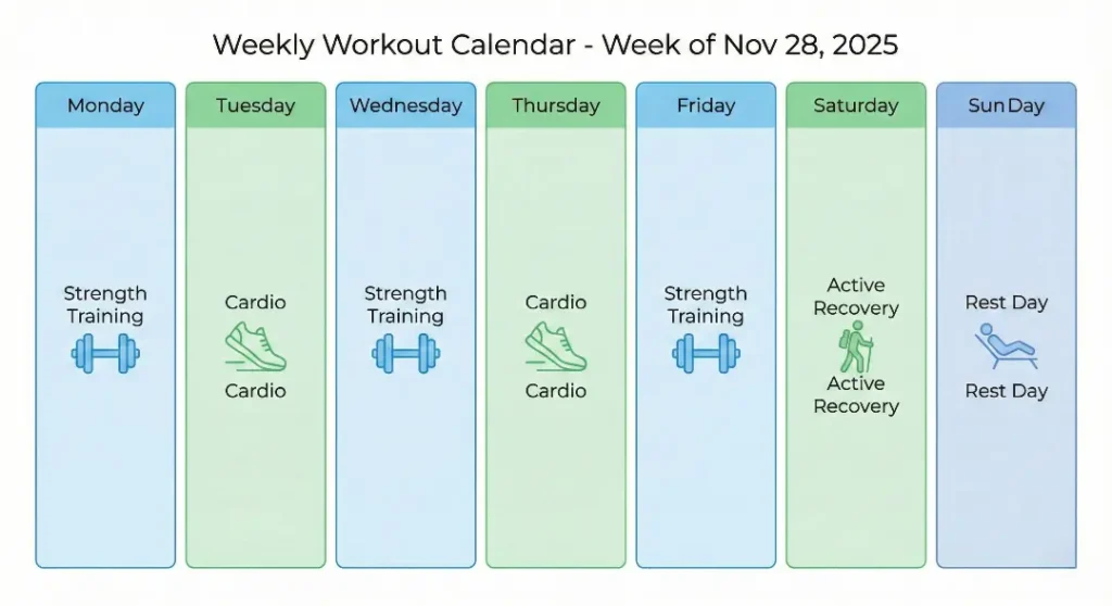 Weekly workout schedule chart showing strength training, cardio, and rest days