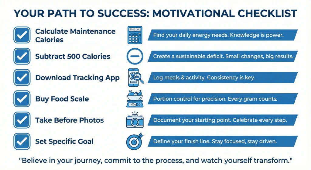 6-step weight loss checklist infographic with icons for calorie deficits and goal setting.