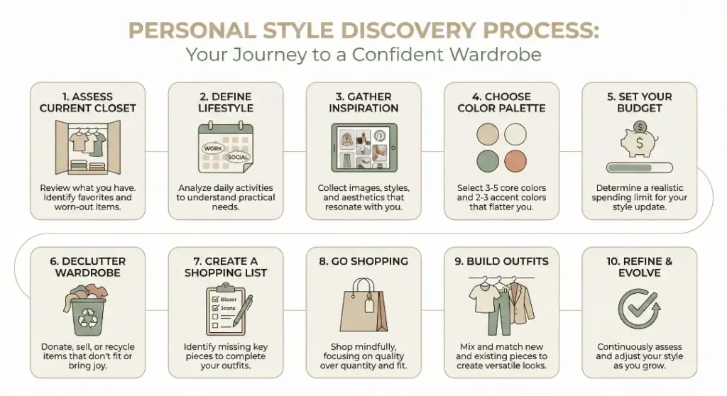 A clean, neutral-colored infographic outlining a 10-step personal style discovery process, featuring icons for Pinterest inspiration, color palette selection, and decluttering to guide a wardrobe transformation.