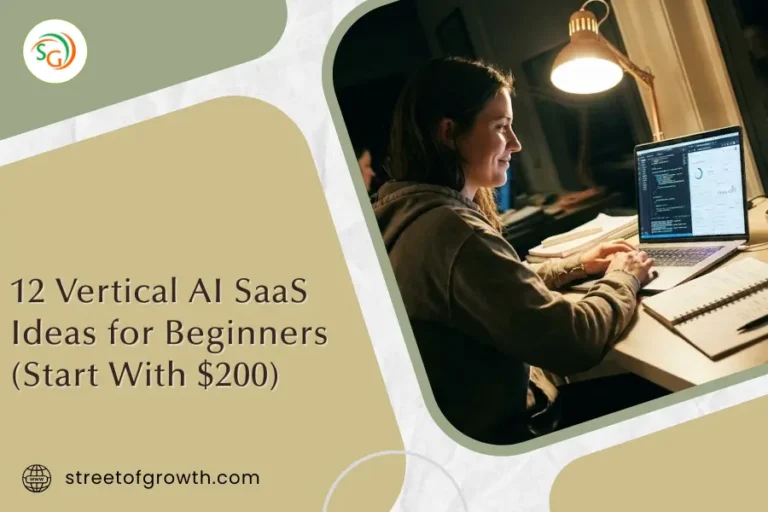 Vertical AI SaaS ideas for beginners showing a person working on a laptop, exploring niche AI SaaS business ideas starting with $200.