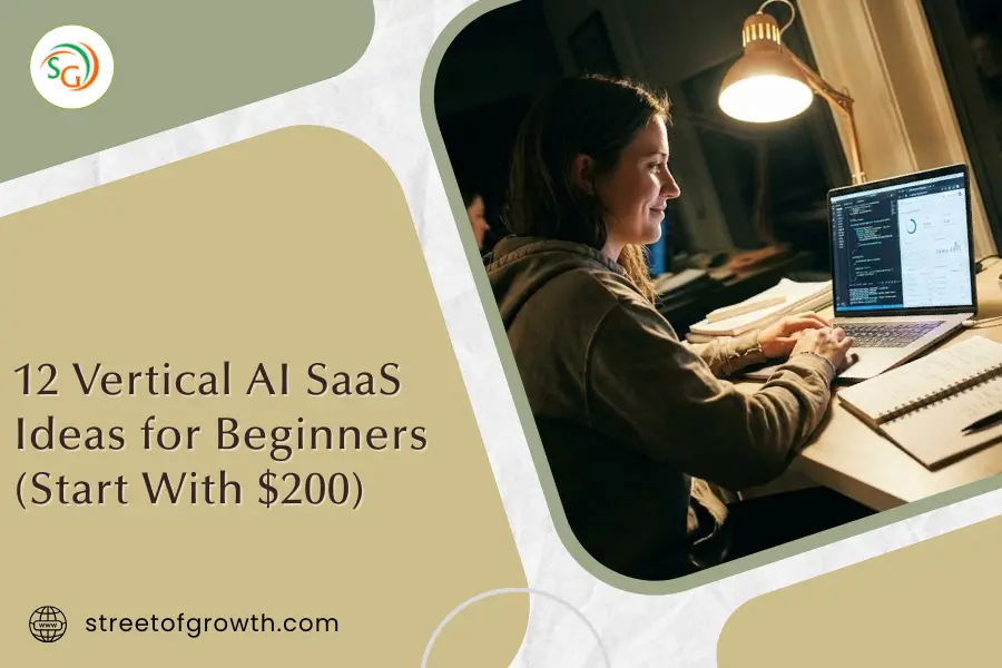 Vertical AI SaaS ideas for beginners showing a person working on a laptop, exploring niche AI SaaS business ideas starting with $200.