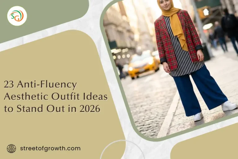 Woman wearing a yellow hijab, red plaid blazer, and wide-leg jeans showcasing anti-fluency aesthetic outfit ideas to stand out in 2026 on a city street.