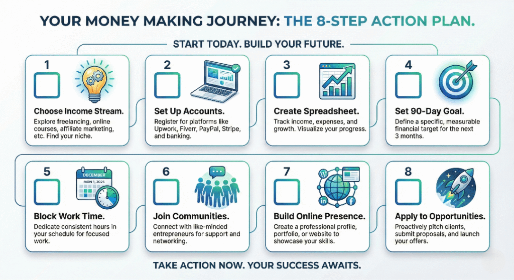 Clean infographic checklist on a white background displaying 8 numbered steps for starting an online income growth journey, including "Choose Income Stream" and "Build Online Presence.