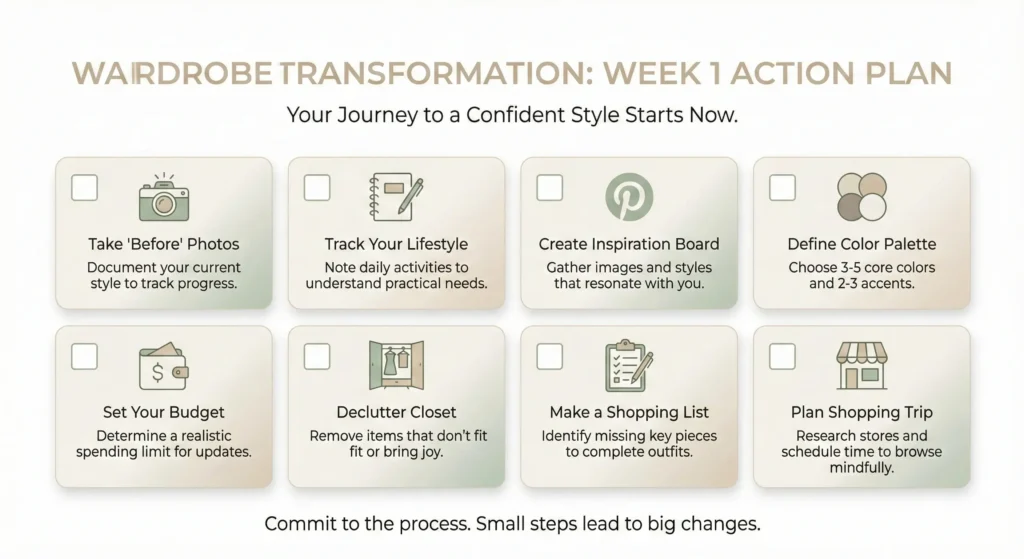 Minimalist checklist graphic detailed with 8 actionable steps for a wardrobe transformation, including lifestyle tracking and closet editing, set against a calming sage and white background.