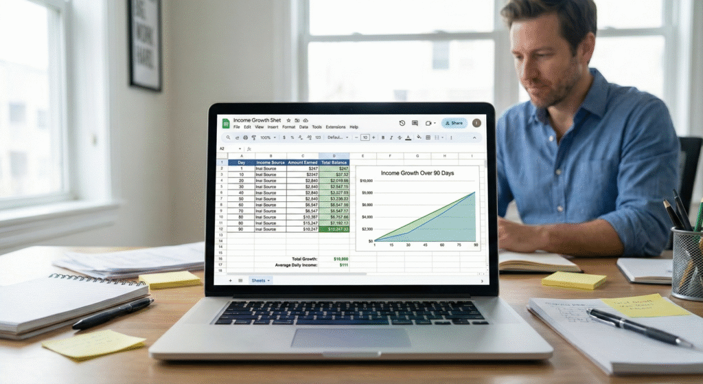 Laptop screen displaying a detailed Excel spreadsheet tracking 90 days of online income growth, featuring a green upward-trending graph rising from $247 to $10,247 in a home office setting.