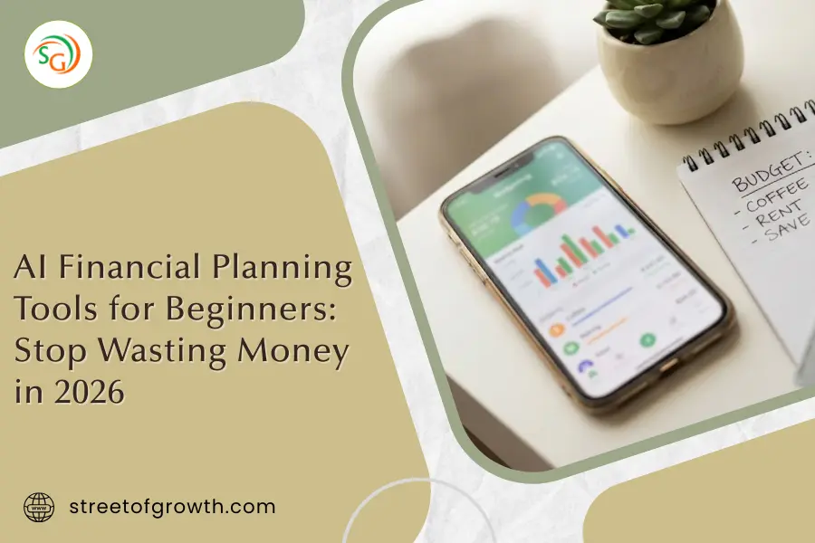 Smartphone displaying an analytics graph next to a handwritten budget notebook, illustrating AI financial planning tools for beginners to stop wasting money in 2026.