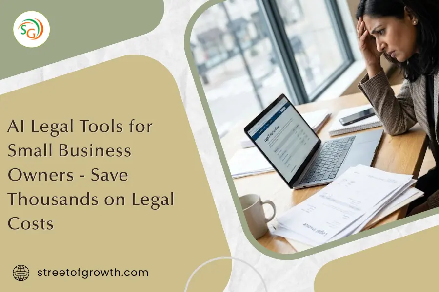 Stressed woman reviewing documents at a desk with a laptop, illustrating the need for AI legal tools for small business owners to save costs.