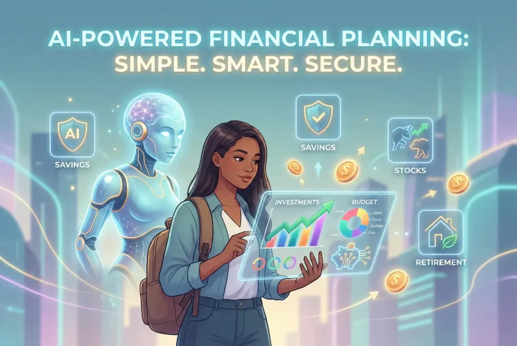 A modern digital illustration featuring a futuristic AI assistant guiding a young professional through financial data, showing rising investment graphs, budget allocation pie charts, and floating savings icons on a holographic interface.