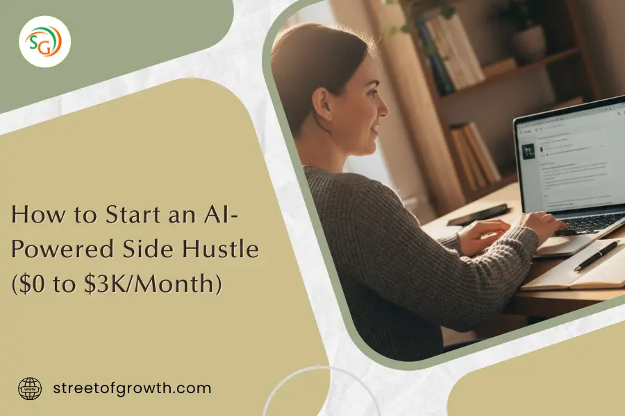 Woman smiling while working on a laptop at a wooden desk, illustrating how to start an AI-powered side hustle to earn $3K/month from home.