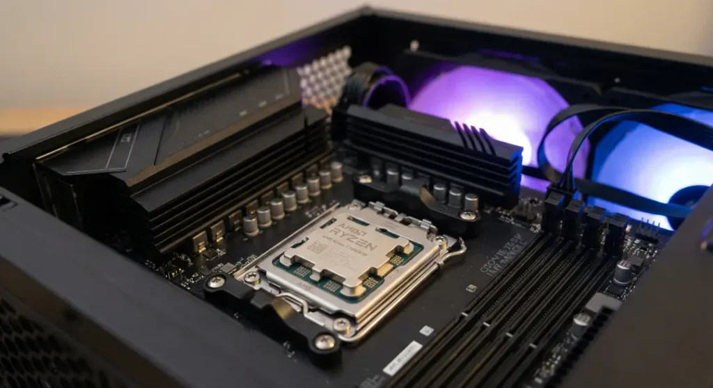 Close-up view of an AMD Ryzen 7 7800X3D processor installed in an AM5 socket on a gaming motherboard with soft purple and blue RGB background lighting.