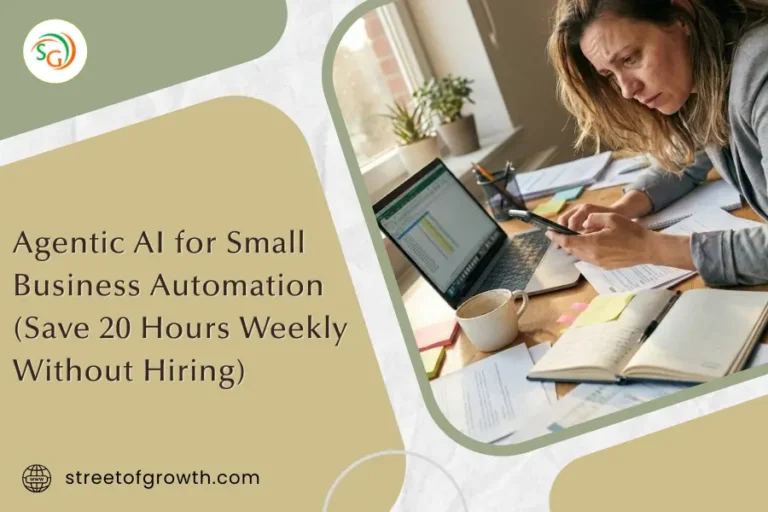 Woman looking overwhelmed at a cluttered desk with a laptop and phone, illustrating the need for Agentic AI for small business automation to save time.