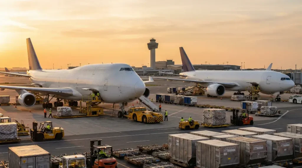 Ground crew loading shipping containers onto Boeing 747 freighter aircraft at JFK International Airport during a golden hour sunset.