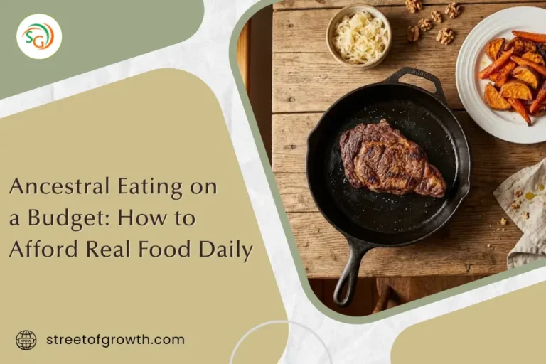 Top-down view of a steak in a cast-iron skillet served with sweet potatoes and fermented vegetables, illustrating how to practice ancestral eating on a budget to afford real food daily.