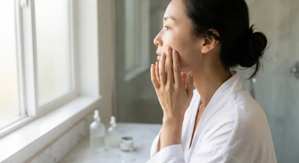 Profile view of an Asian woman in a white robe gently applying serum to her cheek in a bright, sunlit bathroom, with minimalist skincare bottles in the background.
