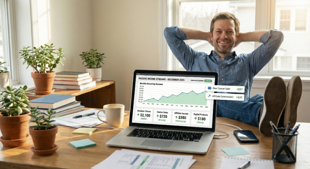 Relaxed entrepreneur with feet on the desk viewing a recurring revenue dashboard showing $3,500 in automated earnings, illustrating the freedom of a successful freelance home office setup.