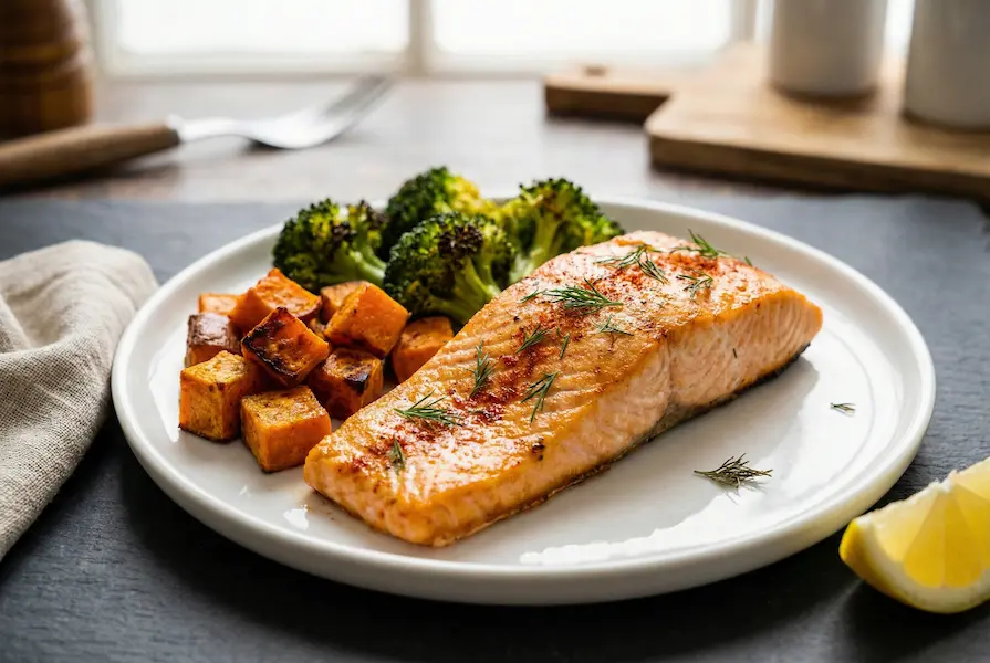 Golden-brown baked salmon fillet seasoned with paprika and fresh dill, served with roasted sweet potato cubes, steamed broccoli, and a lemon wedge on a white ceramic plate.