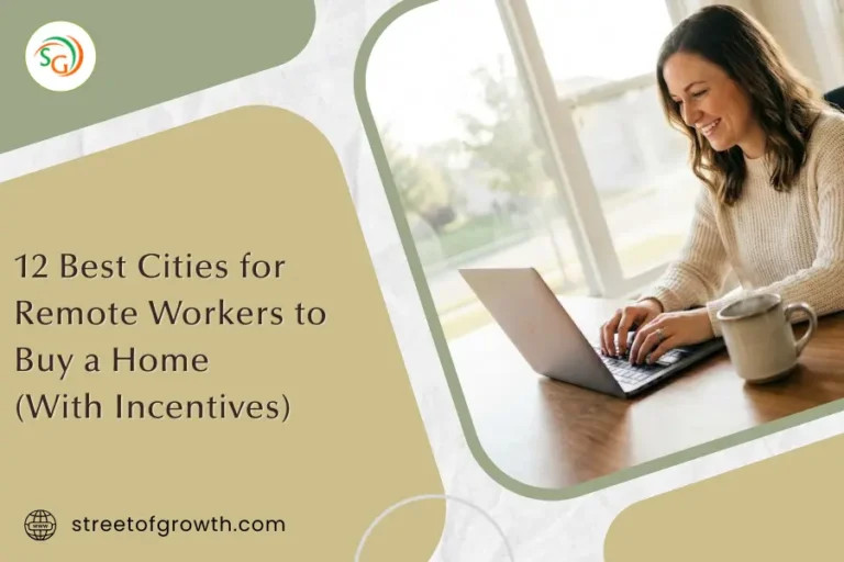Smiling woman working on a laptop at a wooden table near a window, illustrating the 12 best cities for remote workers to buy a home with incentives.