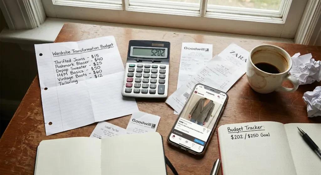 Realistic desk flat lay showing the financial planning for a wardrobe transformation, including receipts, a calculator showing $202, and a smartphone displaying the Poshmark app for budget-friendly fashion finds.