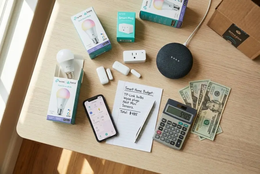Overhead view of budget-friendly smart home essentials including TP-Link Kasa bulbs, Wyze plugs, and a Google Nest Mini arranged on a wooden table next to a calculator and cash, illustrating an affordable DIY home automation plan.