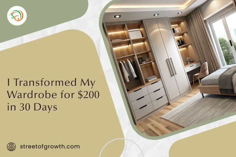 Blog post graphic titled "I Transformed My Wardrobe for $200 in 30 Days" featuring a modern, organized bedroom closet, illustrating a successful budget wardrobe transformation.