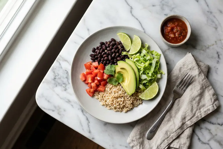 Overhead view of a nutritious burrito bowl lunch featuring brown rice, black beans, fresh avocado slices, diced tomatoes, and lime wedges served on a light gray plate.