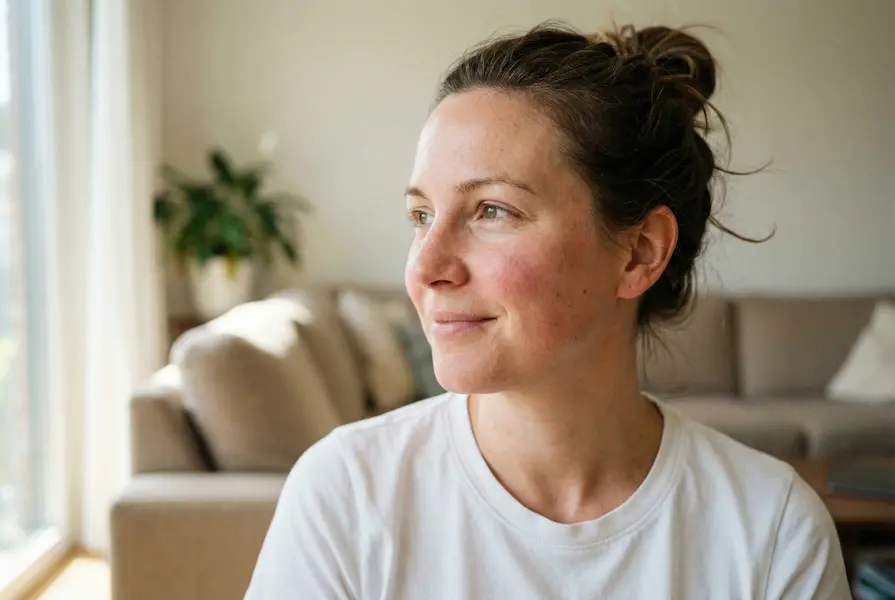 Close-up candid portrait of a woman with glowing natural skin texture and a subtle smile illuminated by daylight.