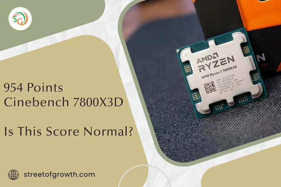 Cinebench 7800X3D benchmark score analysis showing 954 points on an AMD Ryzen 7 chip.