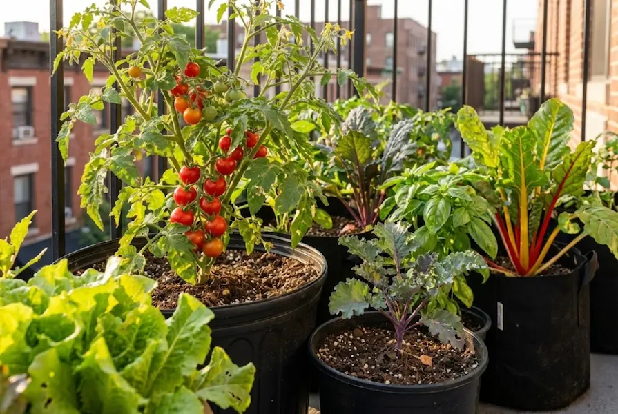 Close-up of red cherry tomatoes, purple kale, and Swiss chard growing together in plastic and fabric containers on a sunlit urban balcony.