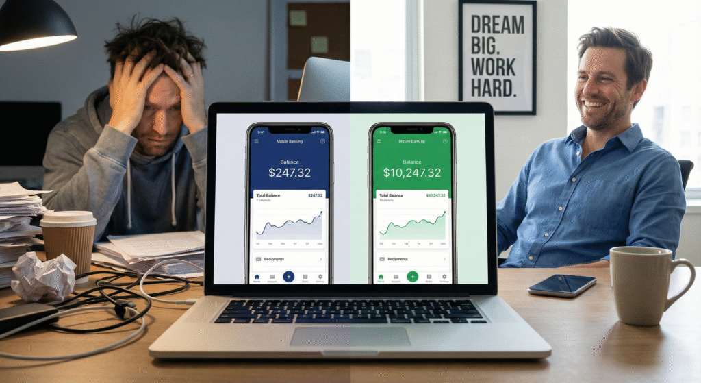 Split-screen comparison showing a man’s transformation from financial stress to online income growth; left side shows a messy desk with a $247 bank balance, right side shows a clean freelance home office setup with a $10,247 balance.