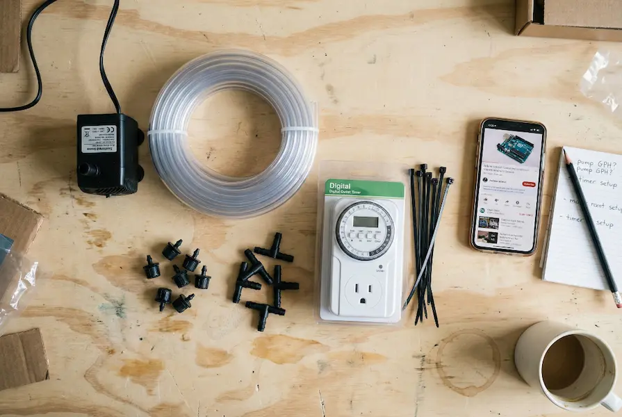 Overhead view of DIY drip irrigation parts including a submersible pump, vinyl tubing, drip emitters, and a digital timer arranged on a wooden workbench for building a home plant watering system.