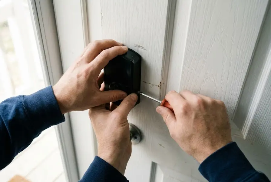 Overhead view of hands installing a black smart lock on a white door using a screwdriver, with mounting screws and deadbolt mechanism visible.