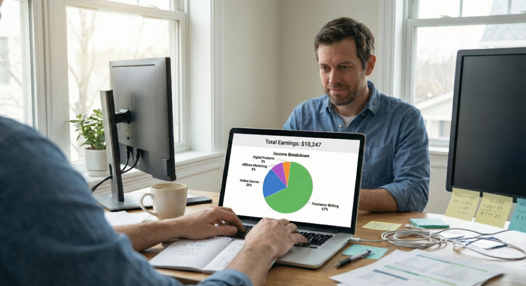 Professional laptop dashboard showing a pie chart breakdown of online income growth sources, with 67% from freelance writing and 20% from course sales, set in a realistic workspace.