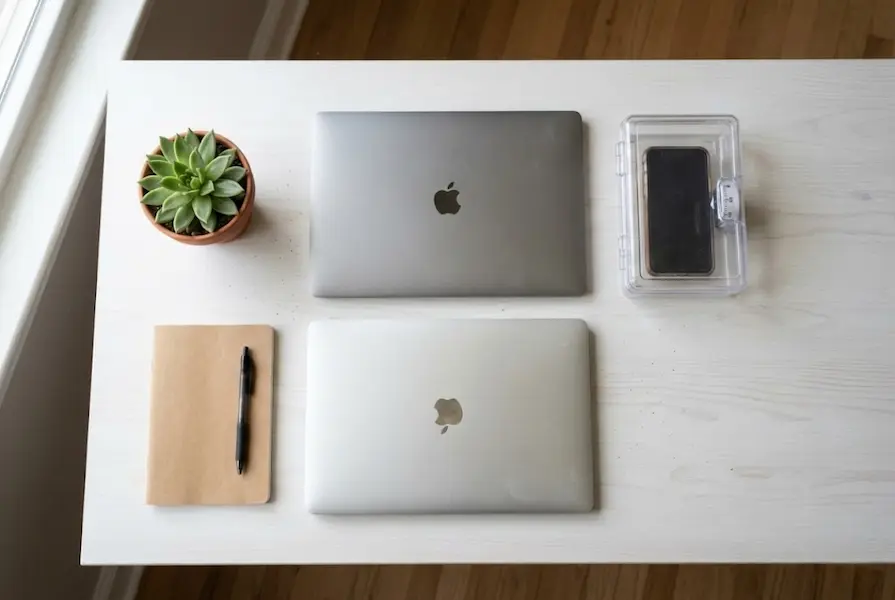 Overhead view of minimalist desk setup featuring smartphone locked inside clear timer safe box next to notebook and laptop to improve focus.