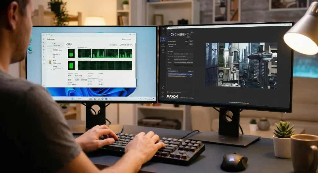 Person sitting at a desk typing on a keyboard while stress testing a computer using Cinebench 2024 rendering benchmark and monitoring CPU usage graphs on Windows Task Manager.