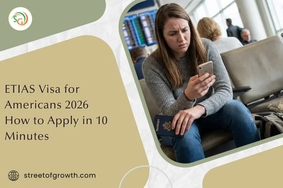 Woman holding a US passport and looking at her phone in an airport waiting area, illustrating how to apply for the ETIAS Visa for Americans.