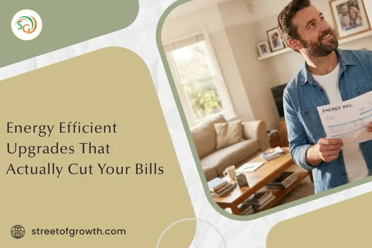 Man holding an energy bill and smiling in a modern living room, illustrating energy efficient upgrades that actually cut your bills.