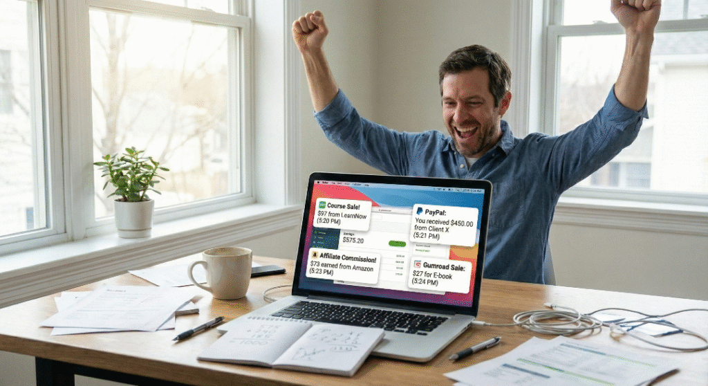 Man celebrating with raised arms in a home office as his laptop displays simultaneous payment notifications from courses, freelance work, and affiliate commissions, representing diversified online income growth.