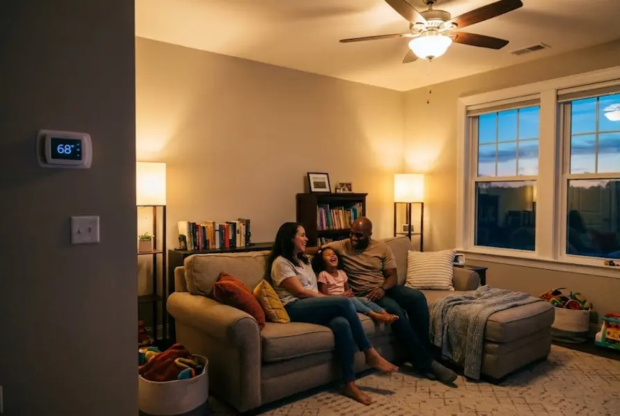Family of three relaxing on a couch in a cozy living room featuring warm LED lighting, a ceiling fan, and a wall-mounted smart thermostat set to 68°F.