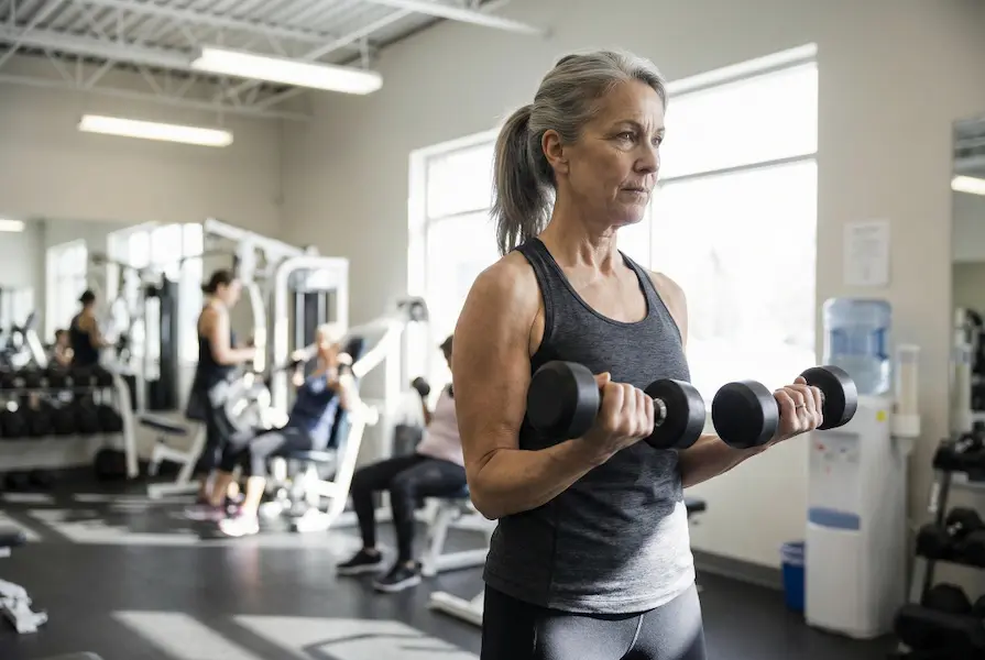 Strong woman in her 50s with natural gray hair performing bicep curls with dumbbells in a gym, showing muscle definition and determined focus.