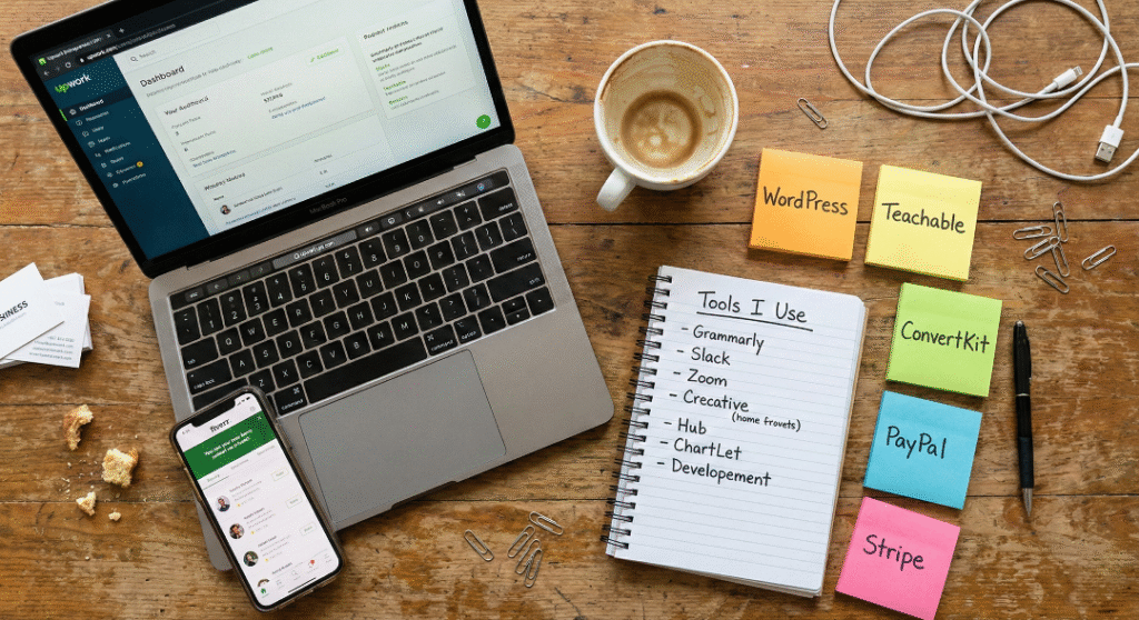 Top-down flat lay photography of a messy but realistic freelance home office setup, featuring a laptop with Upwork open, a notepad labeled "Tools I Use," and sticky notes for Stripe and PayPal.