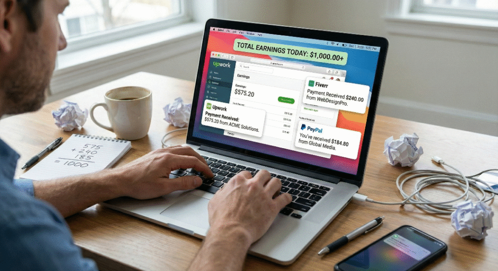Realistic home office scene showing a laptop screen with Upwork and PayPal notifications totaling over $1,000, illustrating a major milestone in online income growth.