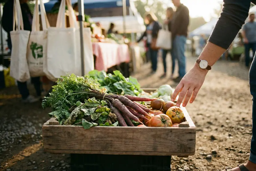 A wooden crate overflowing with organic purple carrots, leafy greens, and heritage tomatoes at a farmers market stand, with a shopper's hand reaching for the fresh produce.