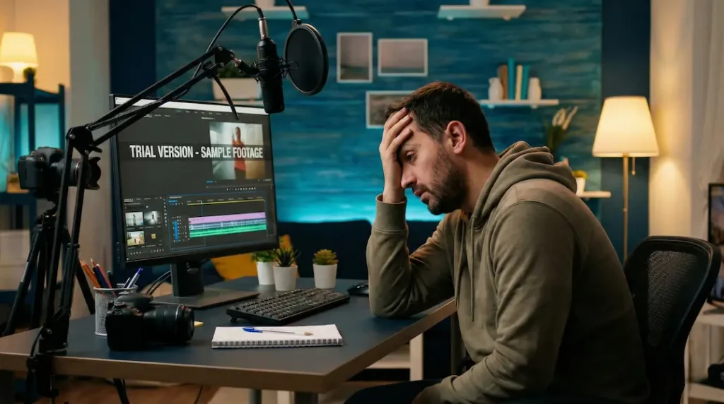 Disappointed video editor looking at a computer screen showing a video ruined by a large watermark because he lacks a premium subscription.